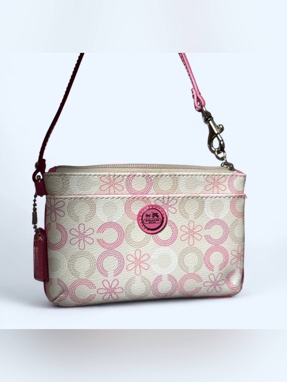 Coach Waverly Cream and Pink Signature y2k Daisy Wristlet